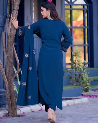 Blue color embroidery work silk blend anarkali kurta with plazzo and duptta 5