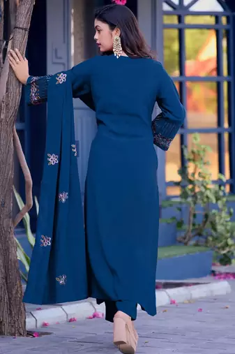 Blue color embroidery work silk blend anarkali kurta with plazzo and duptta