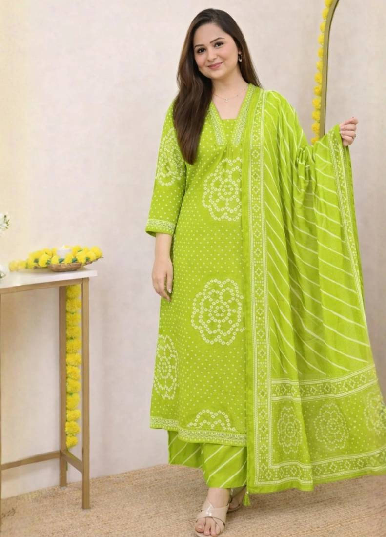Women   s Pure Cotton Bandhani Printed Kurta Set with Palazzo Pants & Dupatta | Embroidered Work Ethnic Wear