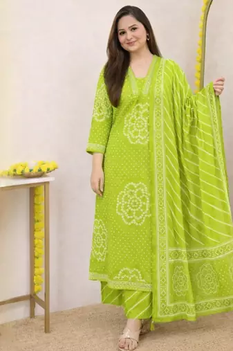 Women   s Pure Cotton Bandhani Printed Kurta Set with Palazzo Pants & Dupatta | Embroidered Work Ethnic Wear