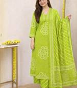 Women   s Pure Cotton Bandhani Printed Kurta Set with Palazzo Pants & Dupatta | Embroidered Work Ethnic Wear