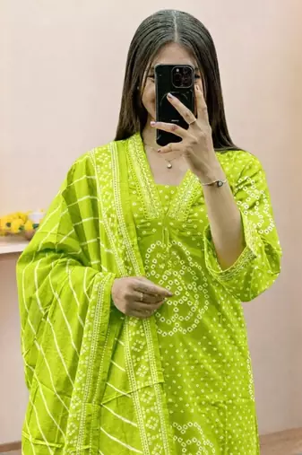 Women   s Pure Cotton Bandhani Printed Kurta Set with Palazzo Pants & Dupatta | Embroidered Work Ethnic Wear