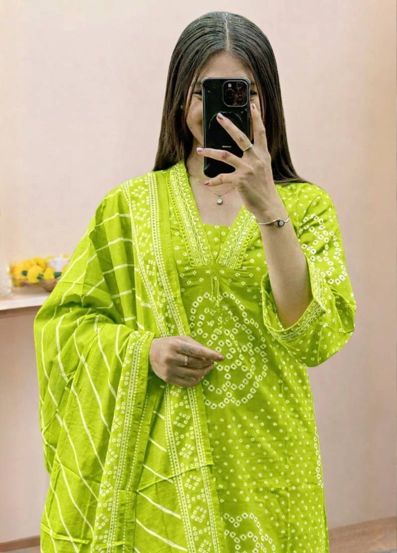 Women   s Pure Cotton Bandhani Printed Kurta Set with Palazzo Pants & Dupatta | Embroidered Work Ethnic Wear