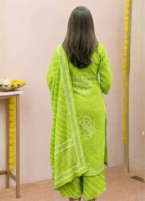 Women   s Pure Cotton Bandhani Printed Kurta Set with Palazzo Pants & Dupatta | Embroidered Work Ethnic Wear 3