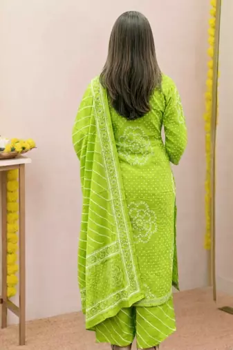 Women   s Pure Cotton Bandhani Printed Kurta Set with Palazzo Pants & Dupatta | Embroidered Work Ethnic Wear