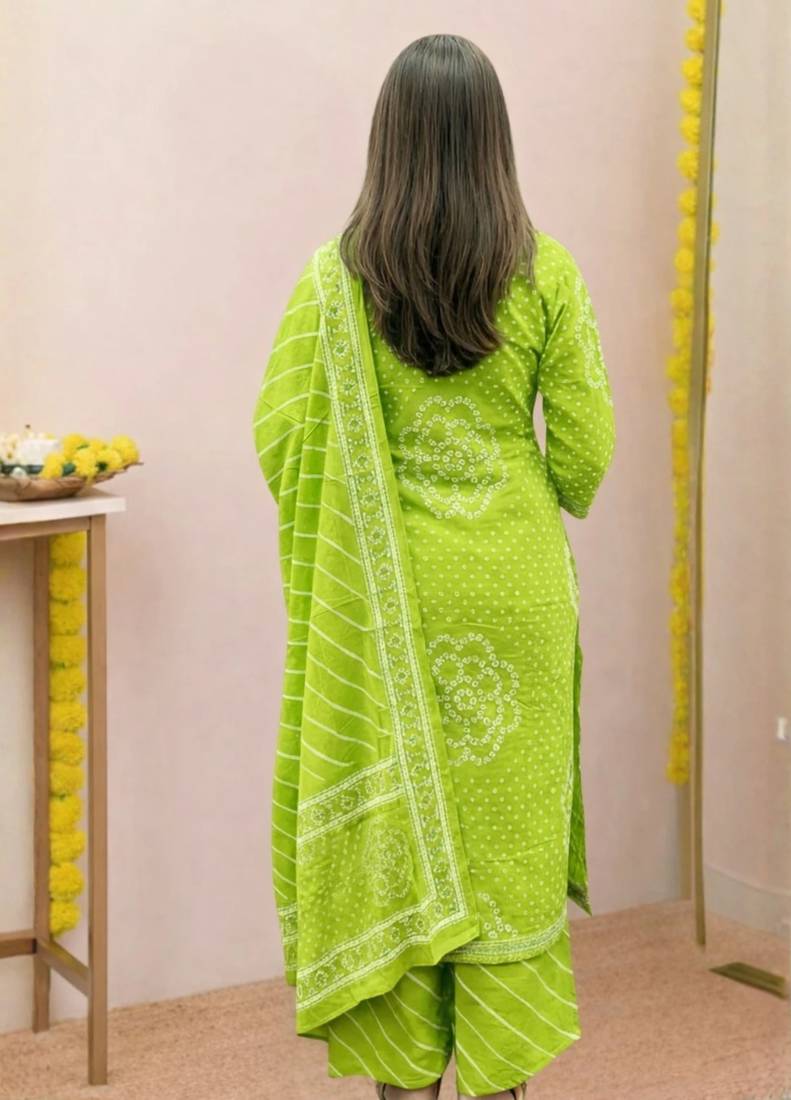 Women   s Pure Cotton Bandhani Printed Kurta Set with Palazzo Pants & Dupatta | Embroidered Work Ethnic Wear