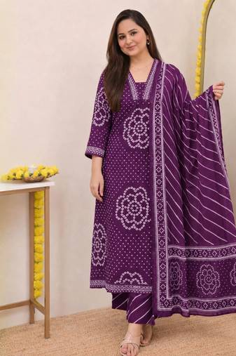 Women   s Pure Cotton Bandhani Printed Kurta Set with Palazzo Pants & Dupatta | Embroidered Work Ethnic Wear