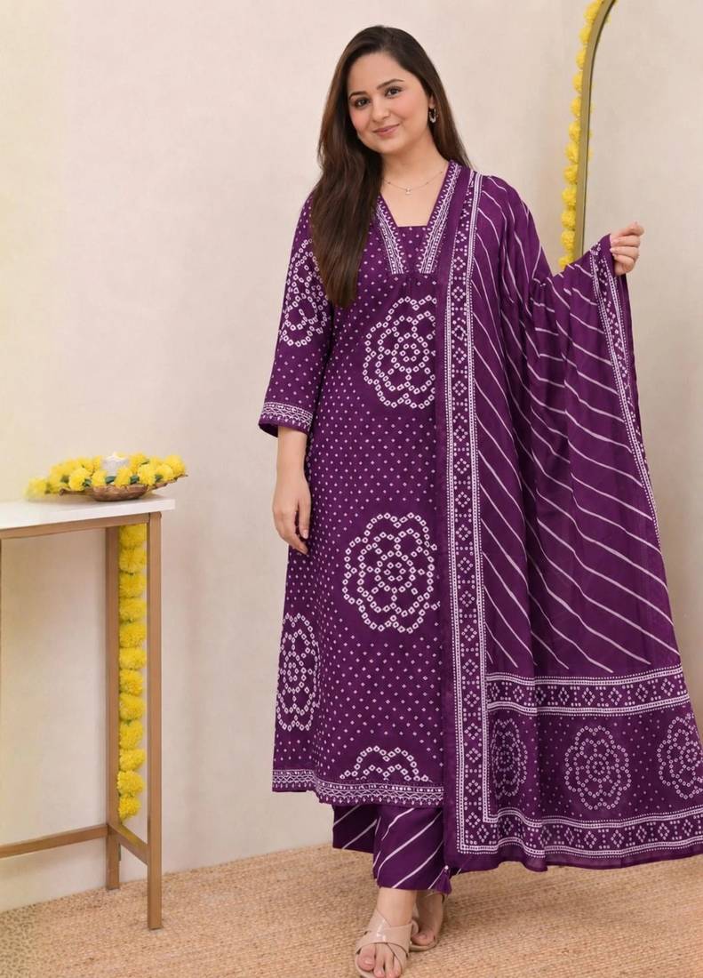 Women   s Pure Cotton Bandhani Printed Kurta Set with Palazzo Pants & Dupatta | Embroidered Work Ethnic Wear