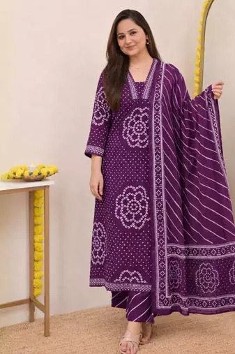 Women   s Pure Cotton Bandhani Printed Kurta Set with Palazzo Pants & Dupatta | Embroidered Work Ethnic Wear