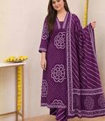 Women   s Pure Cotton Bandhani Printed Kurta Set with Palazzo Pants & Dupatta | Embroidered Work Ethnic Wear