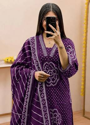 Women   s Pure Cotton Bandhani Printed Kurta Set with Palazzo Pants & Dupatta | Embroidered Work Ethnic Wear 2