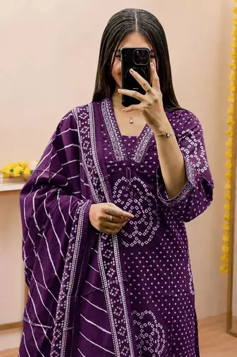 Women   s Pure Cotton Bandhani Printed Kurta Set with Palazzo Pants & Dupatta | Embroidered Work Ethnic Wear
