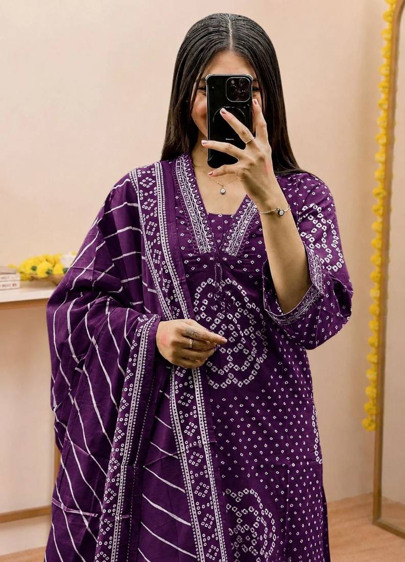 Women   s Pure Cotton Bandhani Printed Kurta Set with Palazzo Pants & Dupatta | Embroidered Work Ethnic Wear