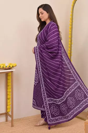 Women   s Pure Cotton Bandhani Printed Kurta Set with Palazzo Pants & Dupatta | Embroidered Work Ethnic Wear