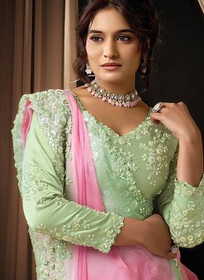pink soft georegtte dual sequins embroidery pearl detailing digital leheriya print designer saree 3