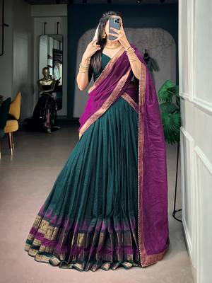Marvelous Teal Green Zari Weaving Cotton Mehendi Wear Half Saree Lehenga 1