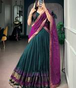 Marvelous Teal Green Zari Weaving Cotton Mehendi Wear Half Saree Lehenga