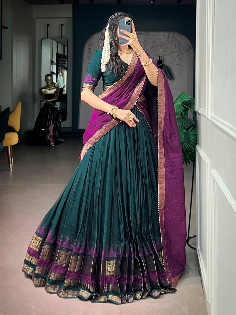 Marvelous Teal Green Zari Weaving Cotton Mehendi Wear Half Saree Lehenga
