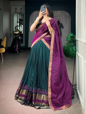 Marvelous Teal Green Zari Weaving Cotton Mehendi Wear Half Saree Lehenga 3