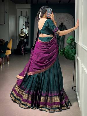 Marvelous Teal Green Zari Weaving Cotton Mehendi Wear Half Saree Lehenga 4