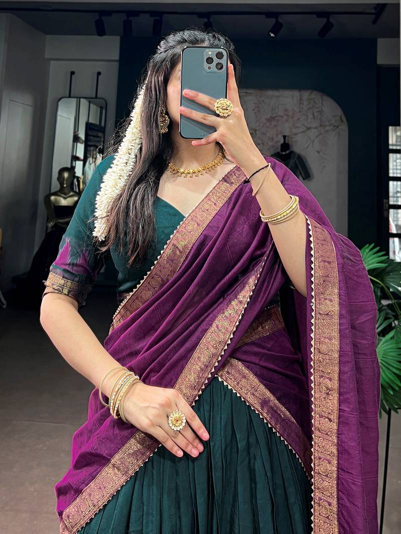 Marvelous Teal Green Zari Weaving Cotton Mehendi Wear Half Saree Lehenga