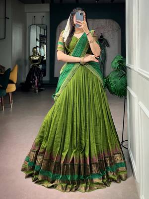 Artistic Green Zari Weaving Cotton Event Wear Half Saree Lehenga 1