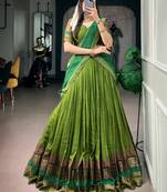 Artistic Green Zari Weaving Cotton Event Wear Half Saree Lehenga