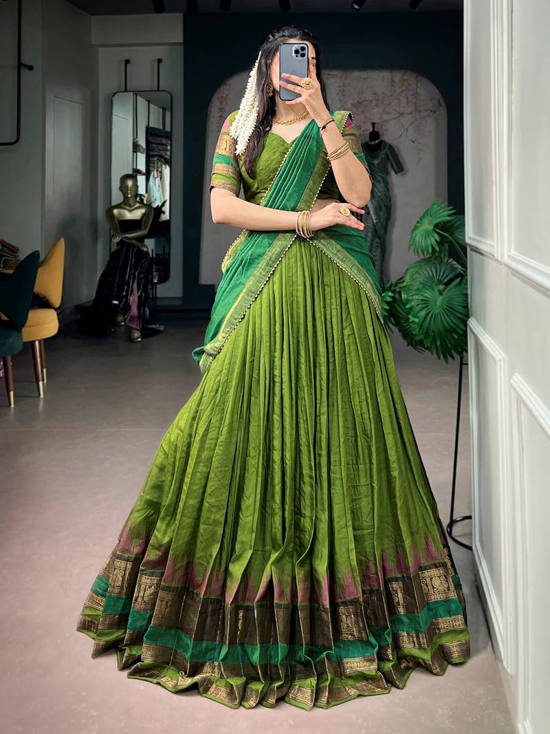 Artistic Green Zari Weaving Cotton Event Wear Half Saree Lehenga