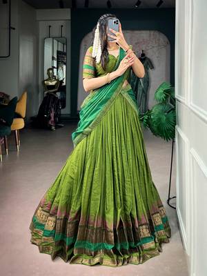 Artistic Green Zari Weaving Cotton Event Wear Half Saree Lehenga 2