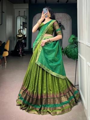 Artistic Green Zari Weaving Cotton Event Wear Half Saree Lehenga 3