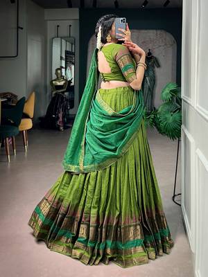 Artistic Green Zari Weaving Cotton Event Wear Half Saree Lehenga 4