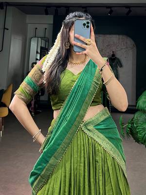 Artistic Green Zari Weaving Cotton Event Wear Half Saree Lehenga 5