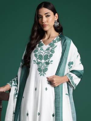 Off white embroidered pure cotton kurta trouser dupatta set 1