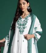 Off white embroidered pure cotton kurta trouser dupatta set