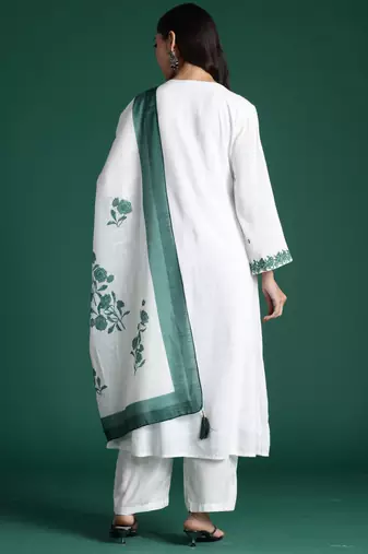 Off white embroidered pure cotton kurta trouser dupatta set
