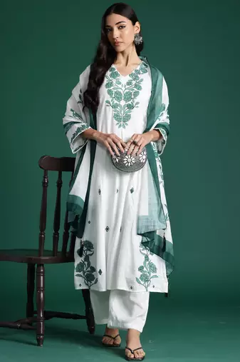Off white embroidered pure cotton kurta trouser dupatta set