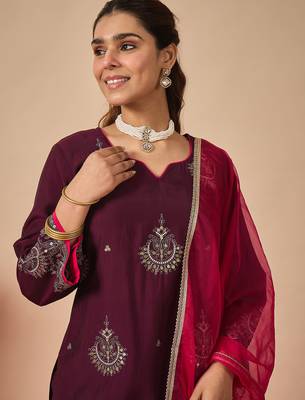 Purple embroidered liva kurta trouser dupatta set 1