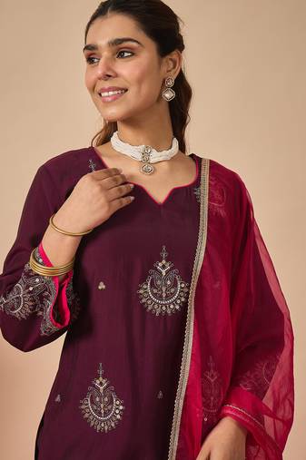 Purple embroidered liva kurta trouser dupatta set