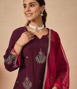 Purple embroidered liva kurta trouser dupatta set