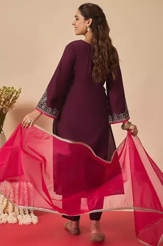 Purple embroidered liva kurta trouser dupatta set