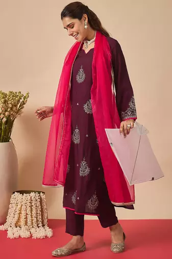 Purple embroidered liva kurta trouser dupatta set
