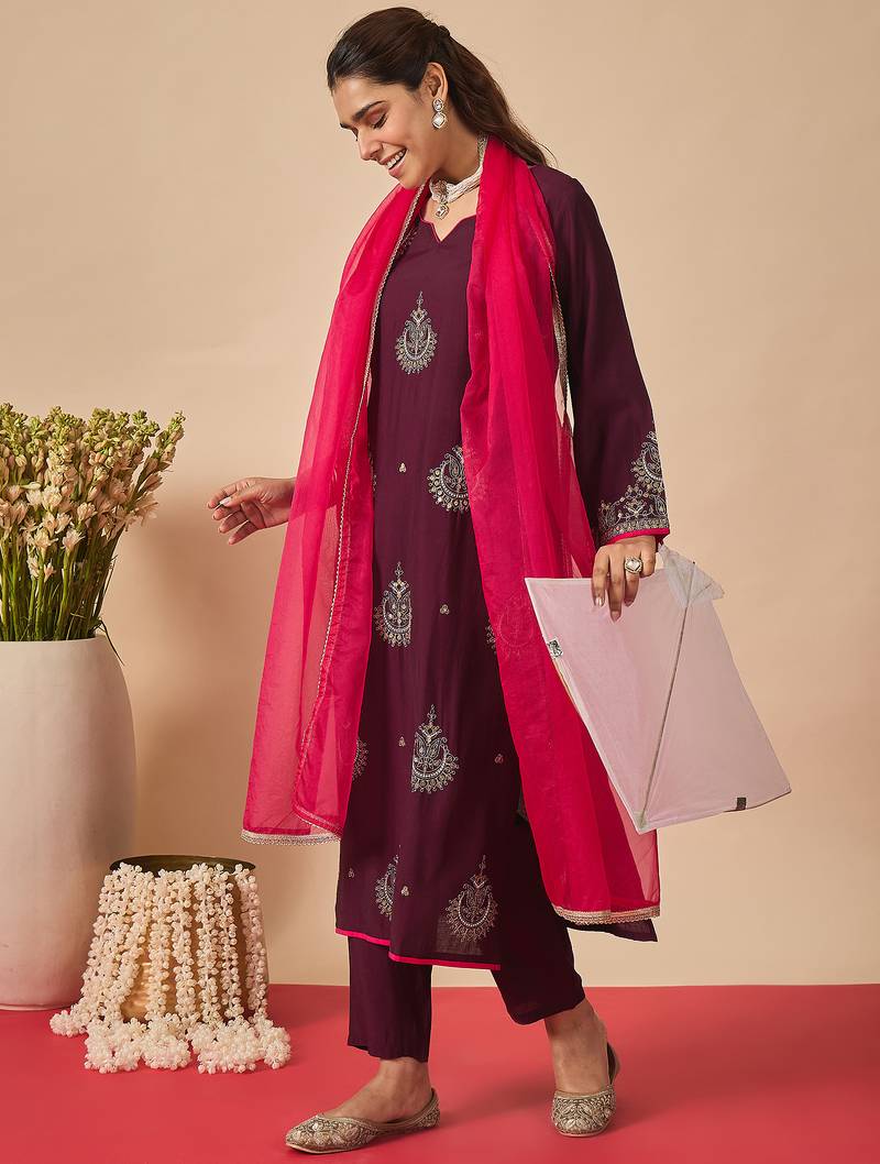 Purple embroidered liva kurta trouser dupatta set
