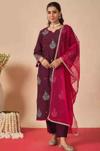 Purple embroidered liva kurta trouser dupatta set