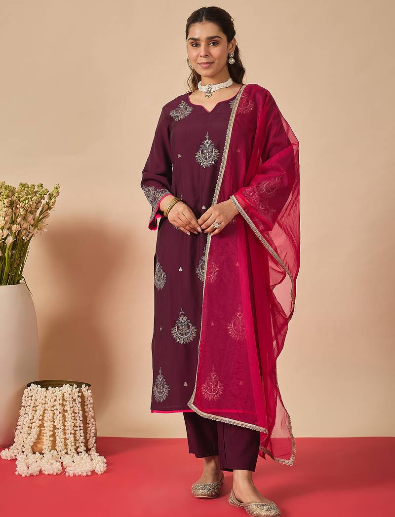 Purple embroidered liva kurta trouser dupatta set