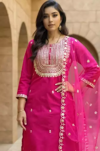 Pink embroidered silk kurta trouser dupatta set