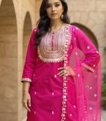 Pink embroidered silk kurta trouser dupatta set