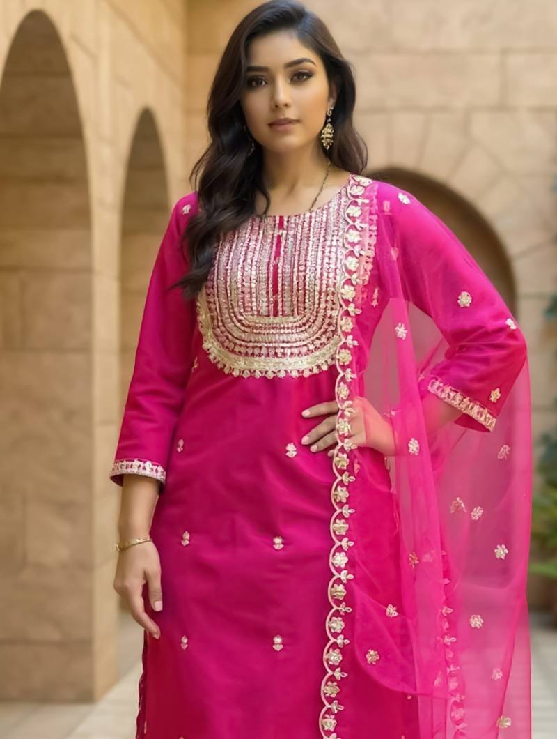 Pink embroidered silk kurta trouser dupatta set