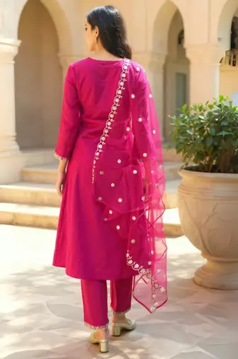 Pink embroidered silk kurta trouser dupatta set