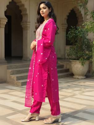 Pink embroidered silk kurta trouser dupatta set 3