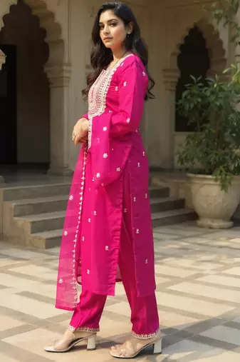 Pink embroidered silk kurta trouser dupatta set